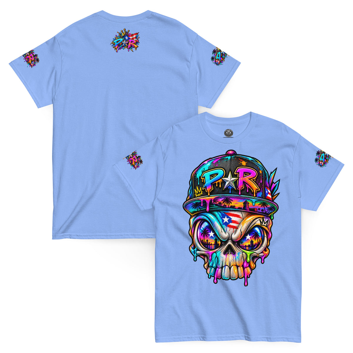 Pure⭐️Rican PR Skull Graffiti Heritage Tee front and back mockup – Carolina Blue
