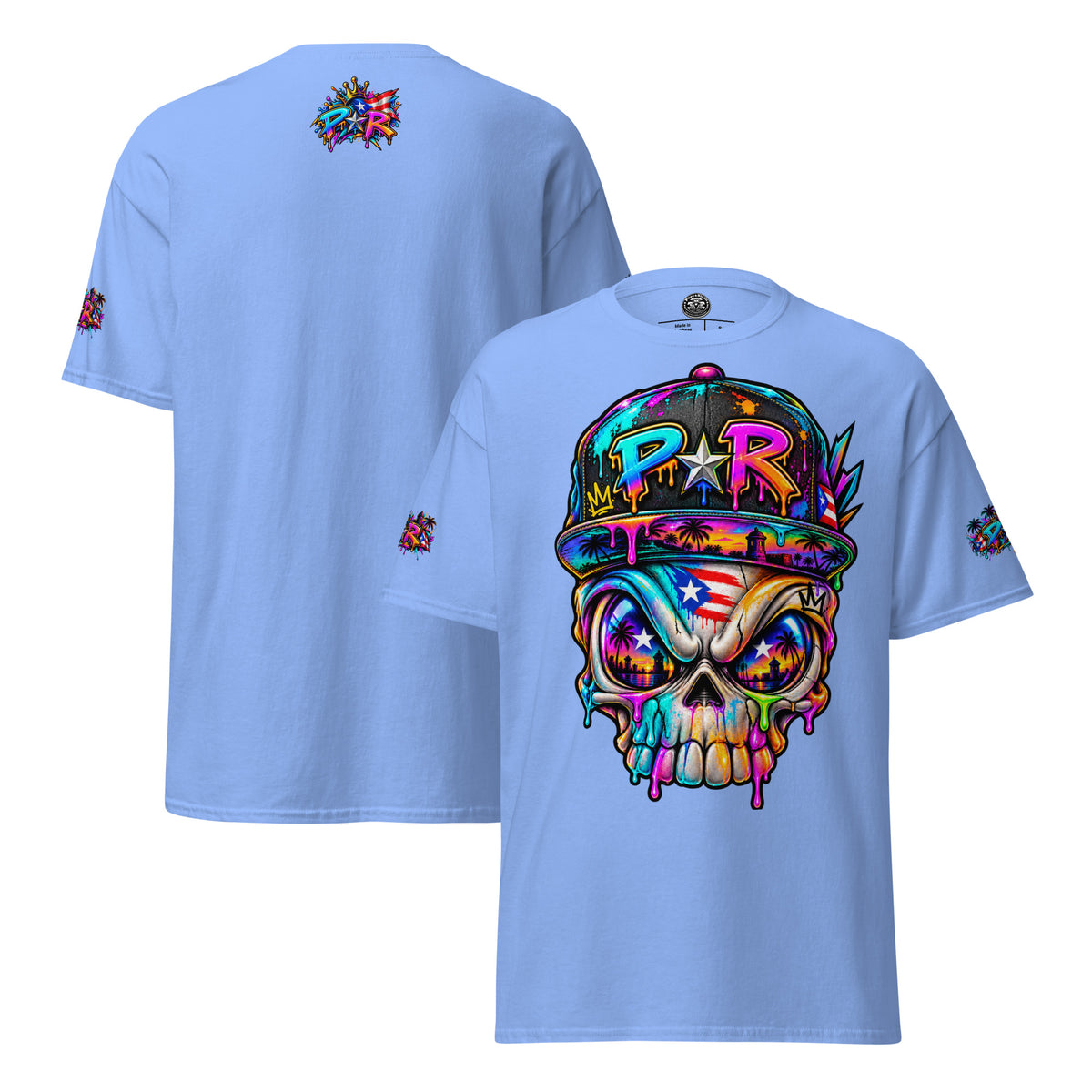 Pure⭐️Rican PR Skull Graffiti Heritage Tee alternate front and back mockup – Carolina Blue