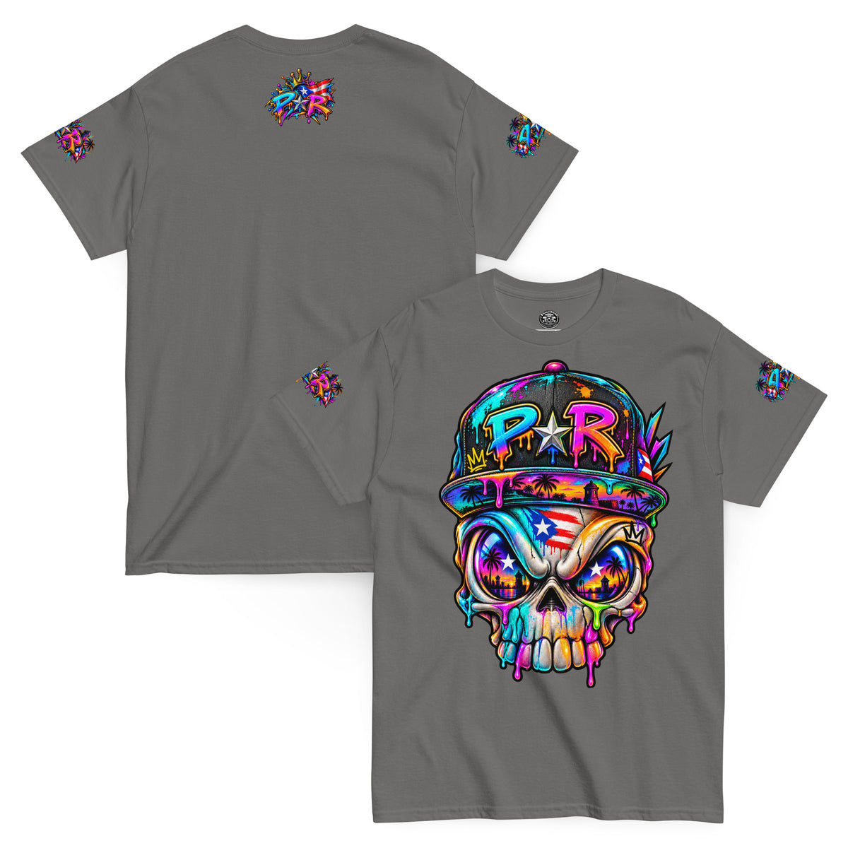Pure⭐️Rican PR Skull Graffiti Heritage Tee front and back mockup – Charcoal