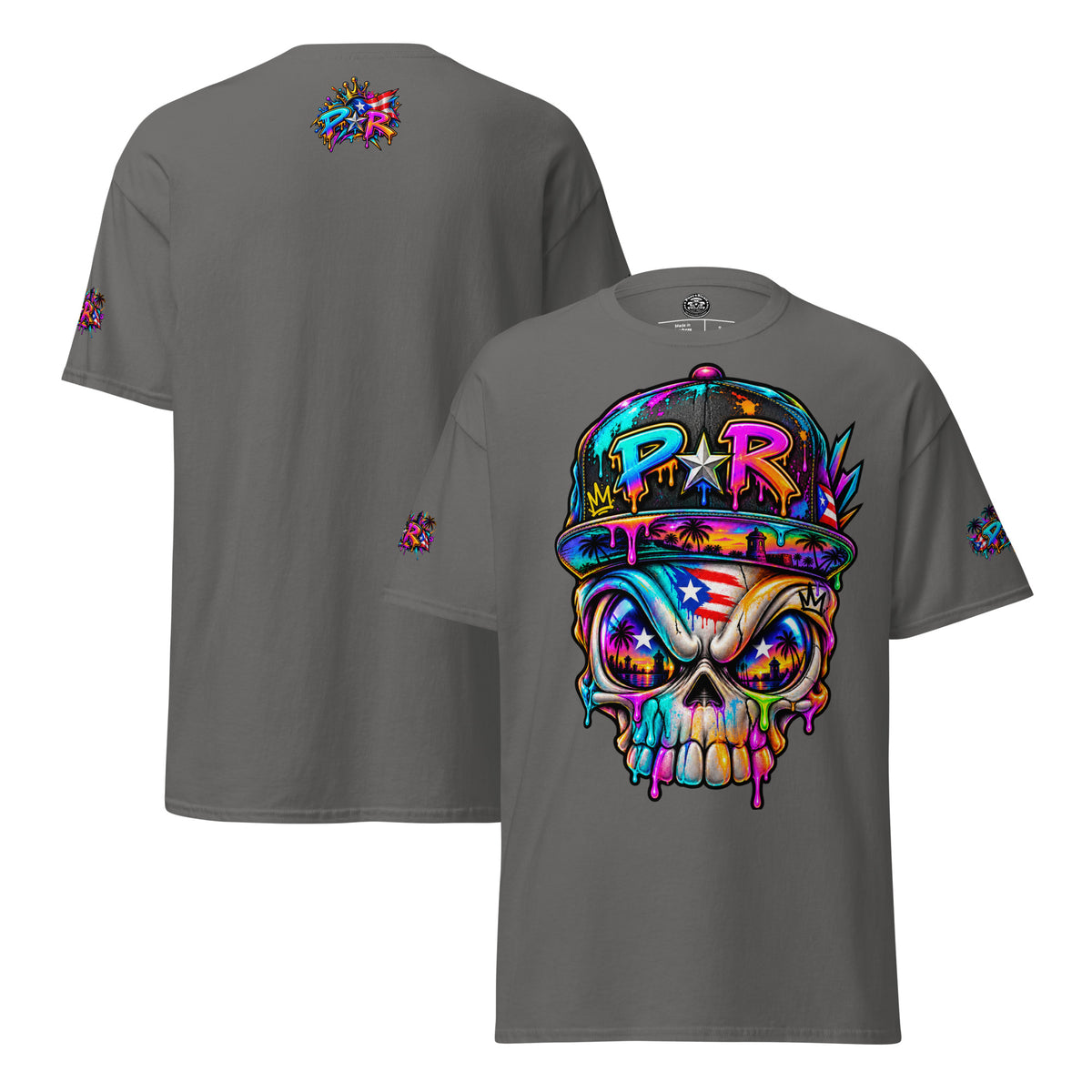 Pure⭐️Rican PR Skull Graffiti Heritage Tee alternate front and back mockup – Charcoal