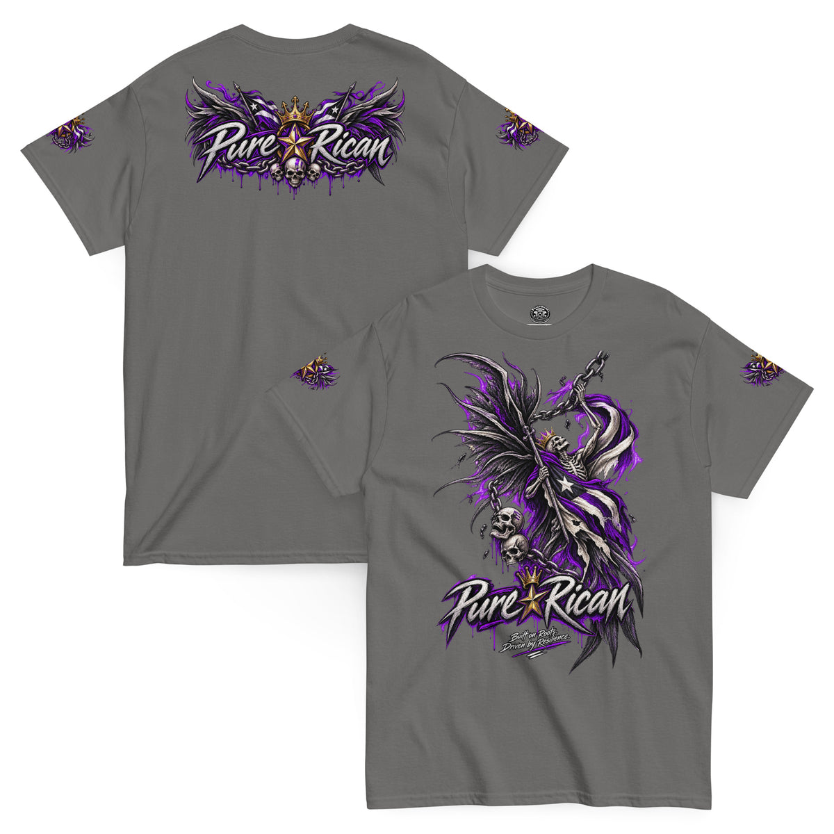 Pure⭐️Rican Winged Reaper Resilience Tee in Charcoal with front chain-wielding winged skeleton graphic and crowned Pure⭐️Rican back logo