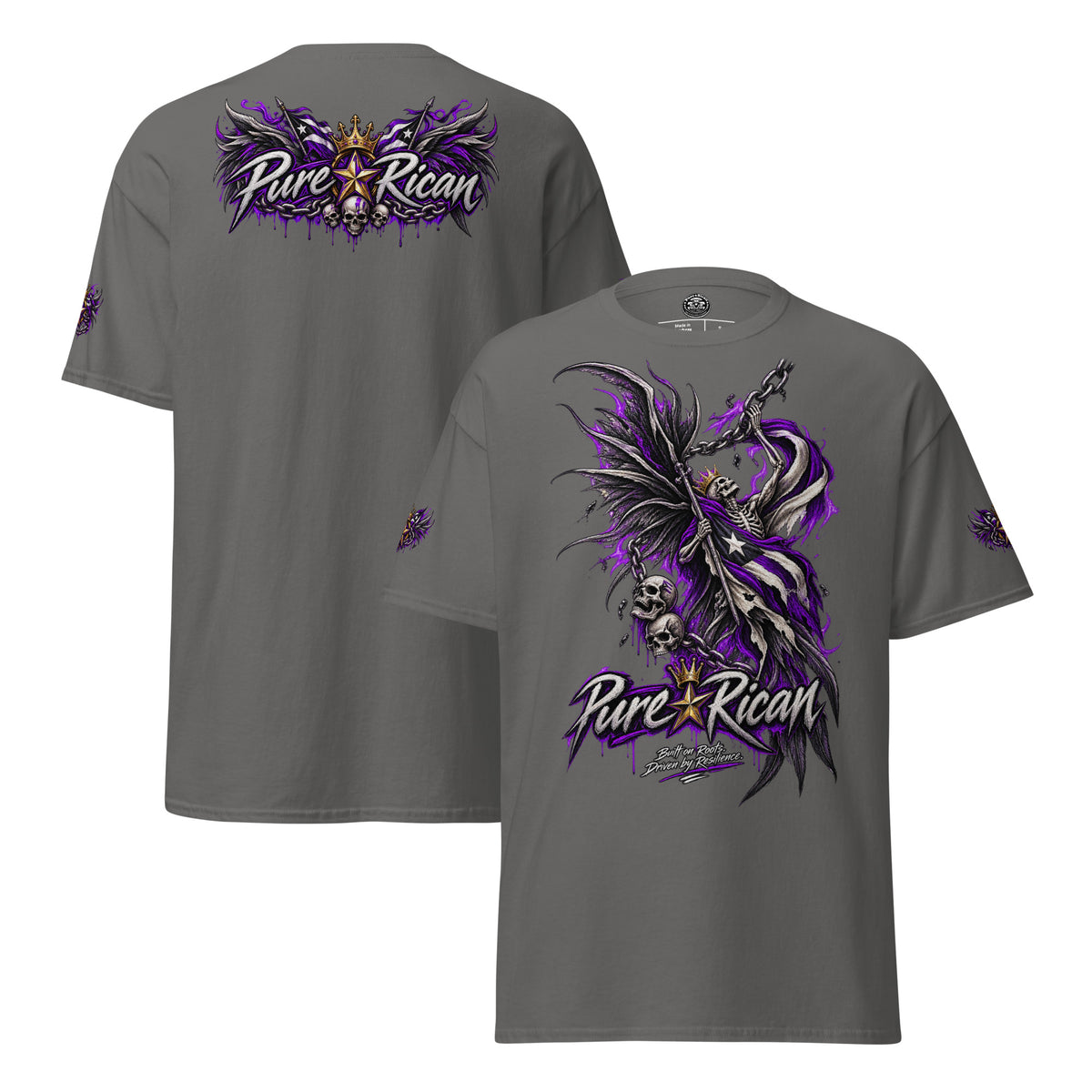 Pure⭐️Rican Winged Reaper Resilience Tee in Charcoal showing large front reaper artwork, winged crown back graphic, and sleeve details
