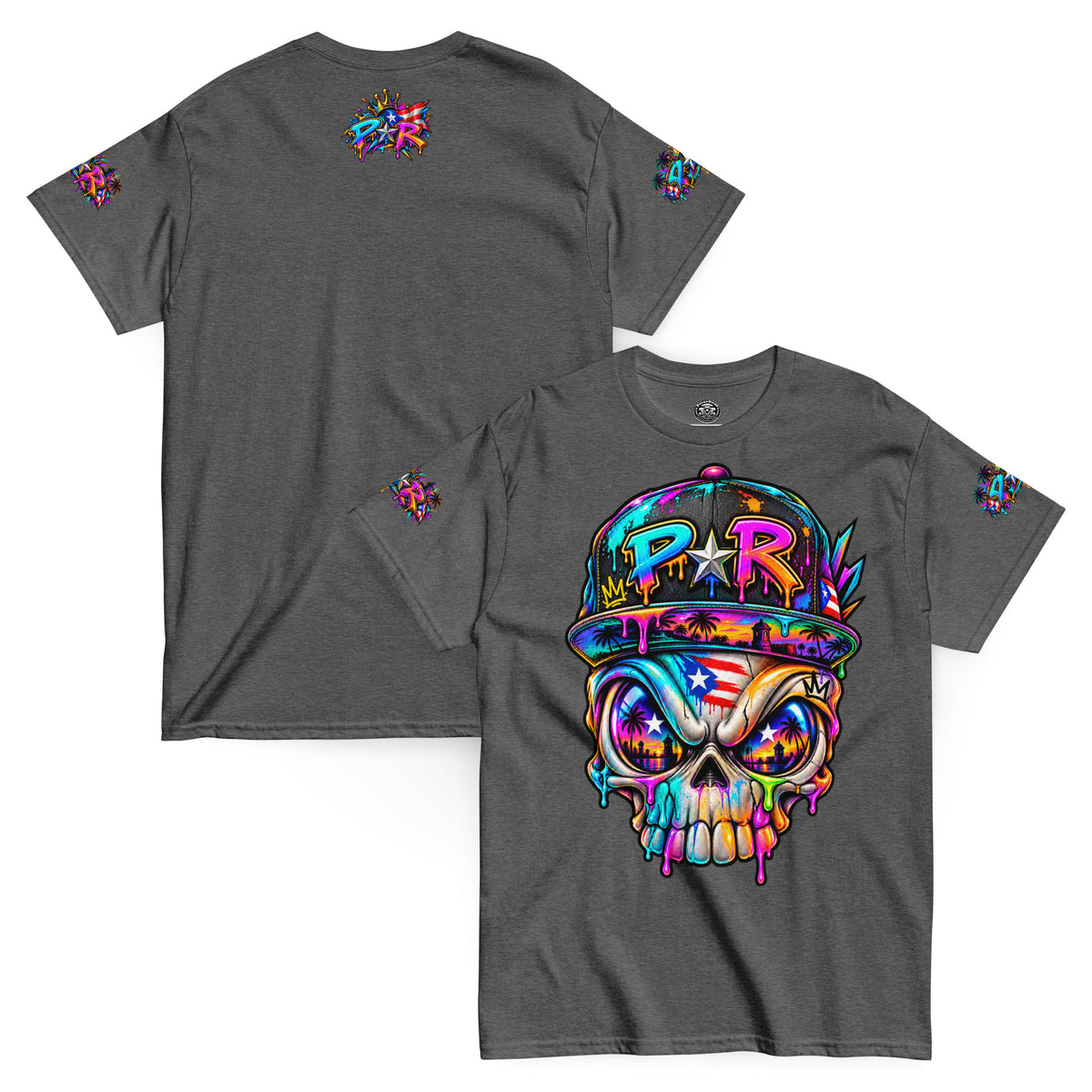Pure⭐️Rican PR Skull Graffiti Heritage Tee front and back mockup – Dark Heather