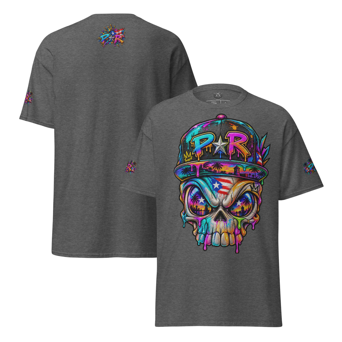 Pure⭐️Rican PR Skull Graffiti Heritage Tee alternate front and back mockup – Dark Heather