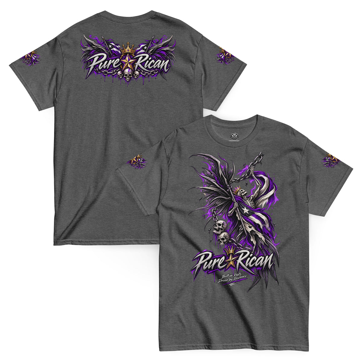 Pure⭐️Rican Winged Reaper Resilience Tee in Dark Heather with front chain-wielding winged skeleton graphic and crowned Pure⭐️Rican back logo