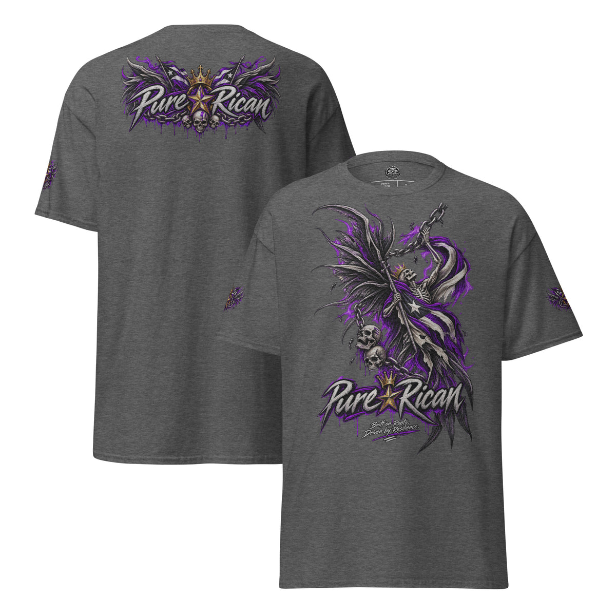Pure⭐️Rican Winged Reaper Resilience Tee in Dark Heather showing large front reaper artwork, winged crown back graphic, and sleeve details