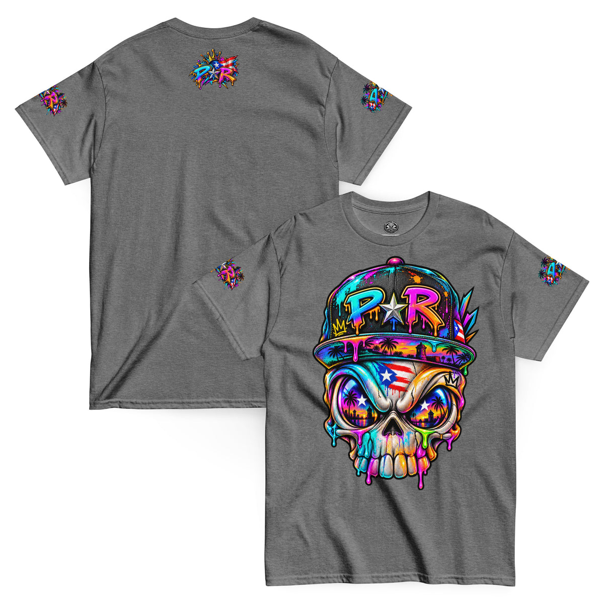 Pure⭐️Rican PR Skull Graffiti Heritage Tee front and back mockup – Graphite Heather