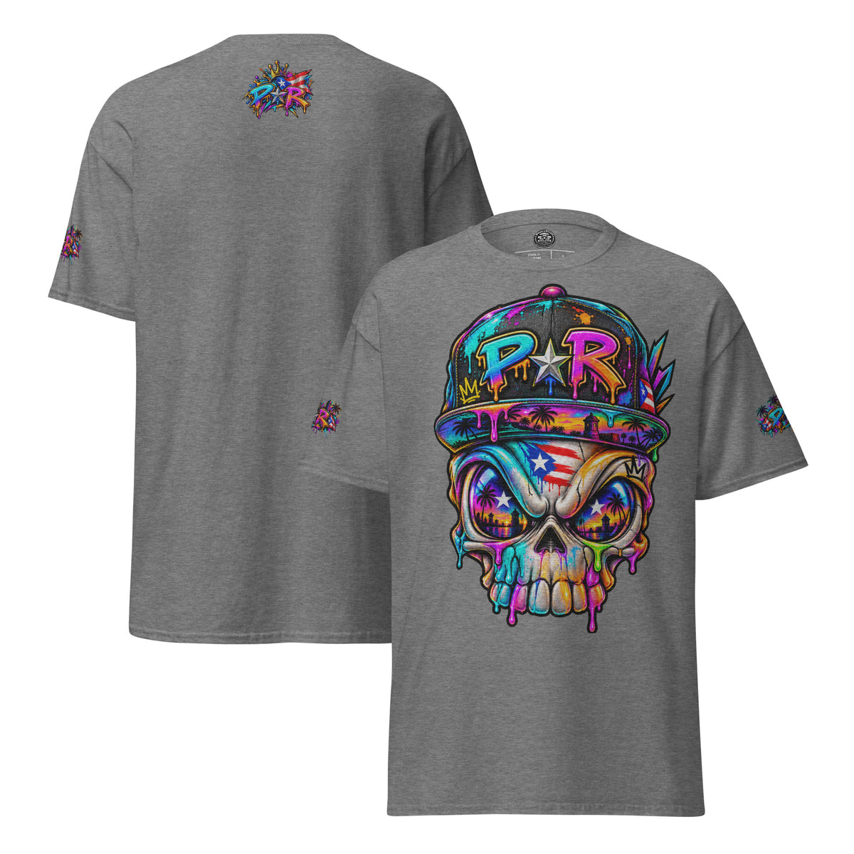 Pure⭐️Rican PR Skull Graffiti Heritage Tee alternate front and back mockup – Graphite Heather