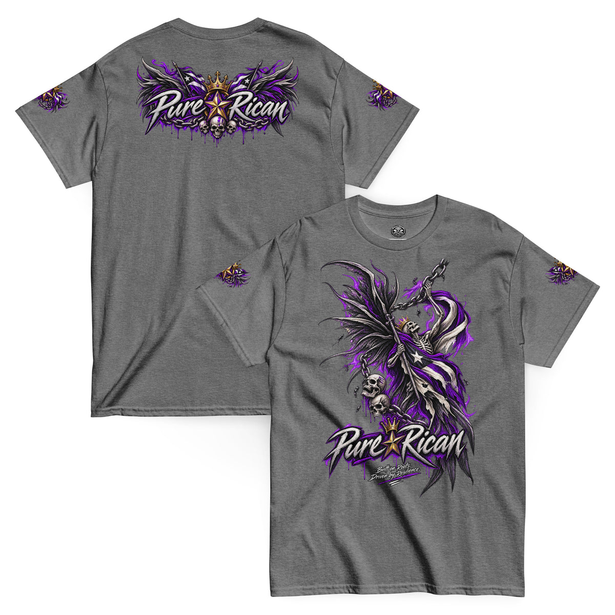Pure⭐️Rican Winged Reaper Resilience Tee in Graphite Heather with front chain-wielding winged skeleton graphic and crowned Pure⭐️Rican back logo