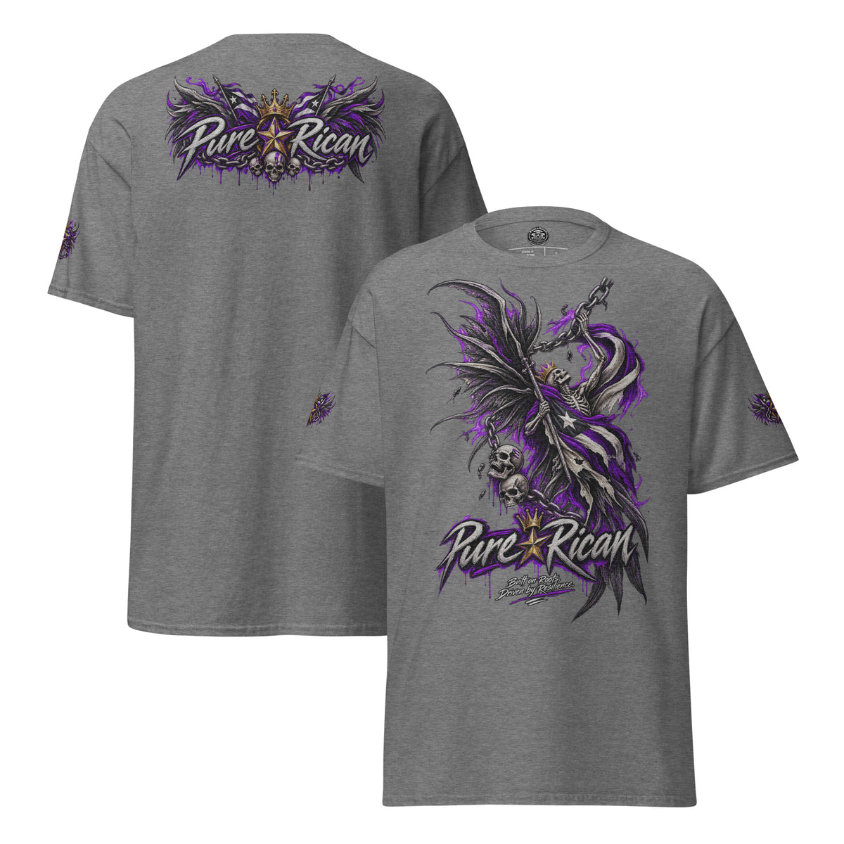 Pure⭐️Rican Winged Reaper Resilience Tee in Graphite Heather showing large front reaper artwork, winged crown back graphic, and sleeve details