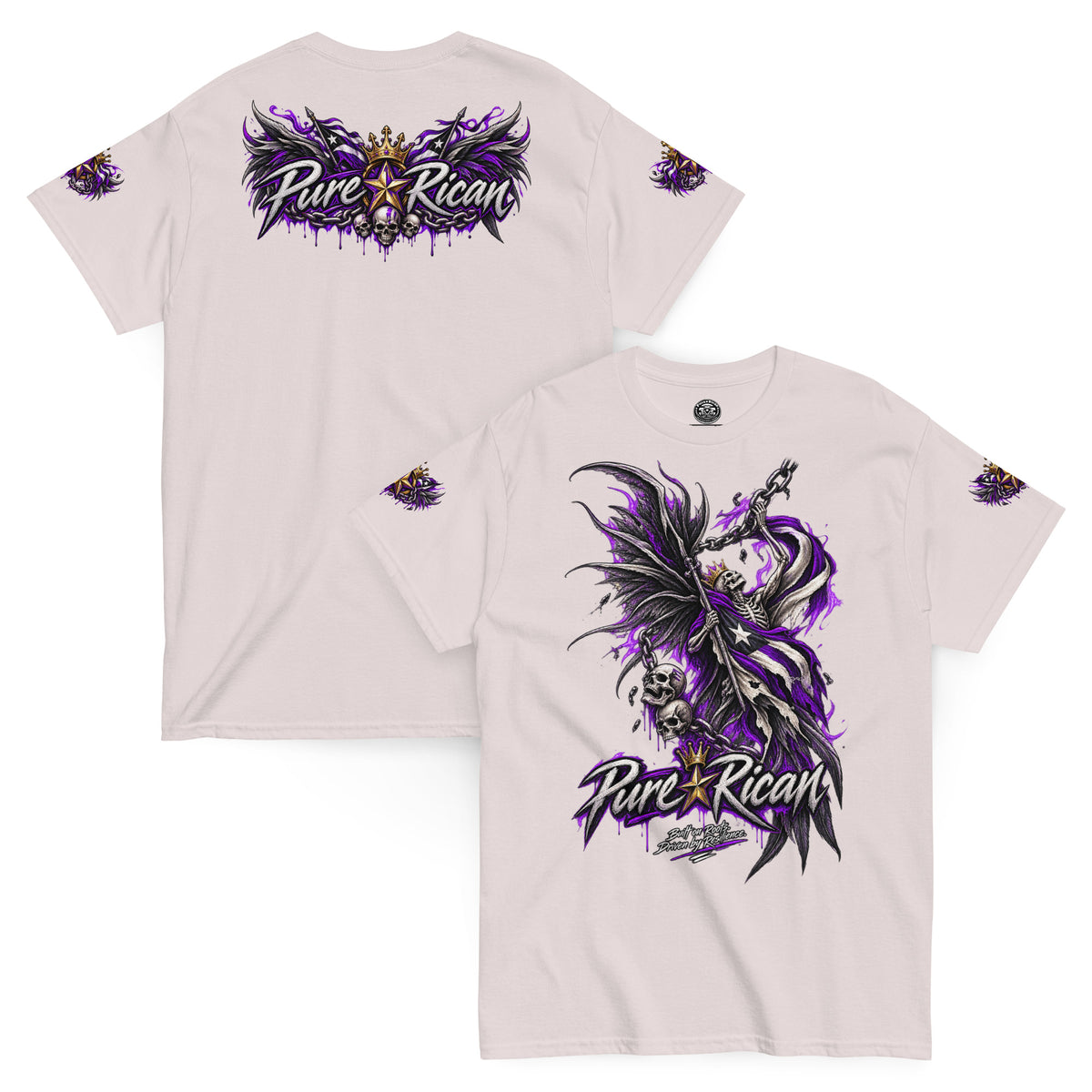 Pure⭐️Rican Winged Reaper Resilience Tee in Ice Grey with front chain-wielding winged skeleton graphic and crowned Pure⭐️Rican back logo