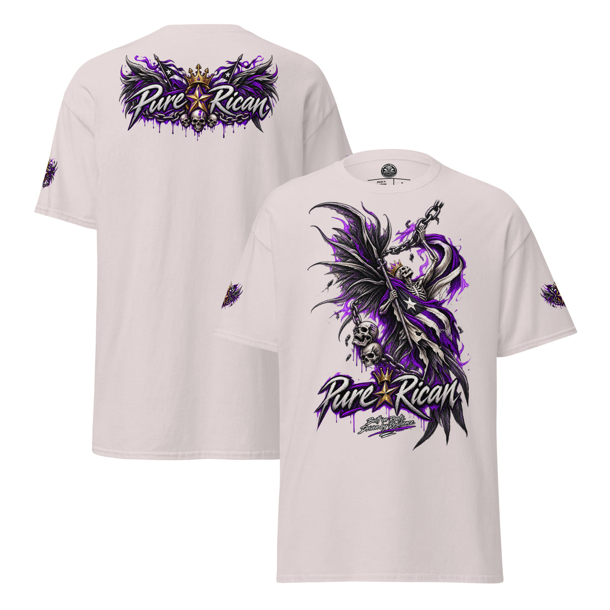 Pure⭐️Rican Winged Reaper Resilience Tee in Ice Grey showing large front reaper artwork, winged crown back graphic, and sleeve details