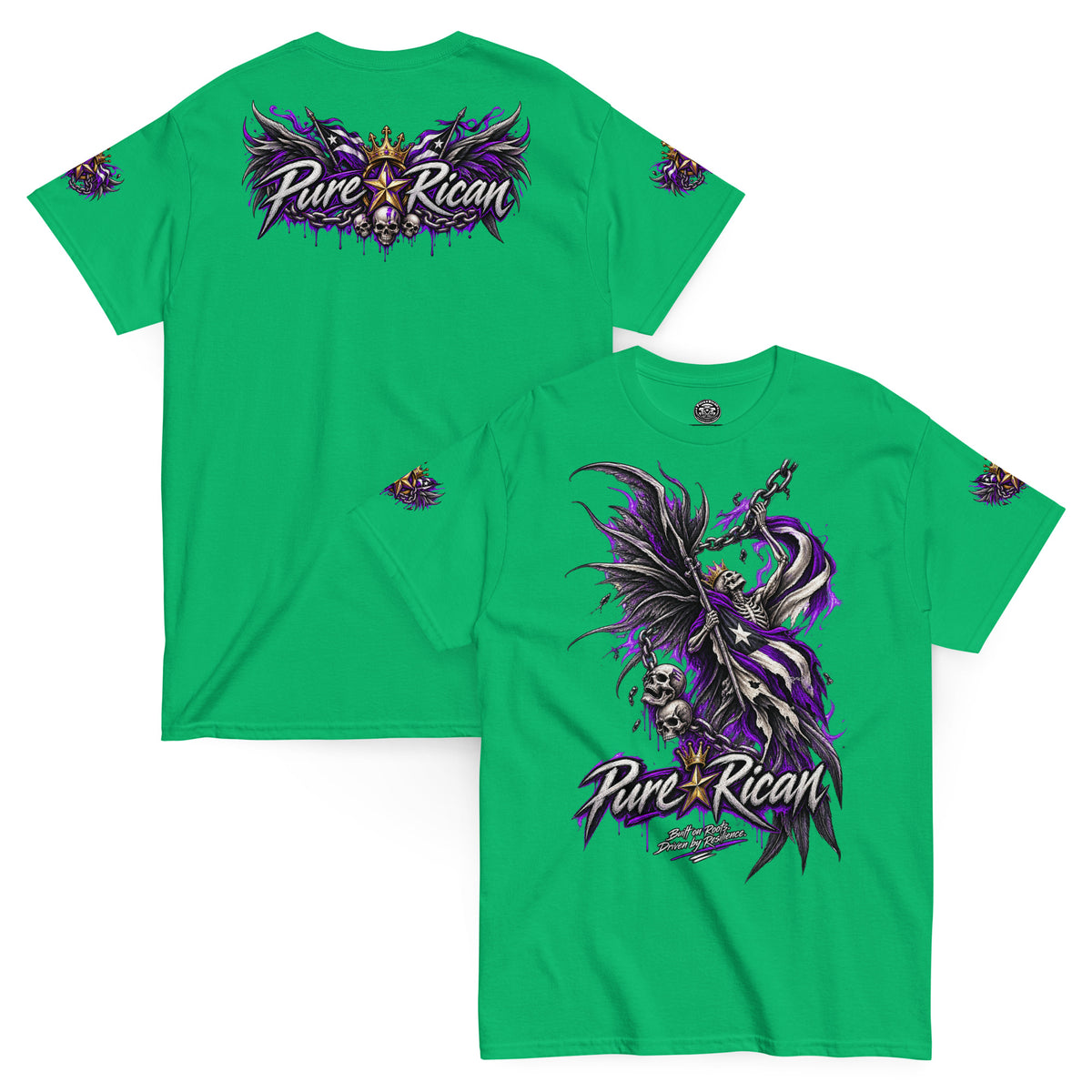 Pure⭐️Rican Winged Reaper Resilience Tee in Irish Green with front chain-wielding winged skeleton graphic and crowned Pure⭐️Rican back logo