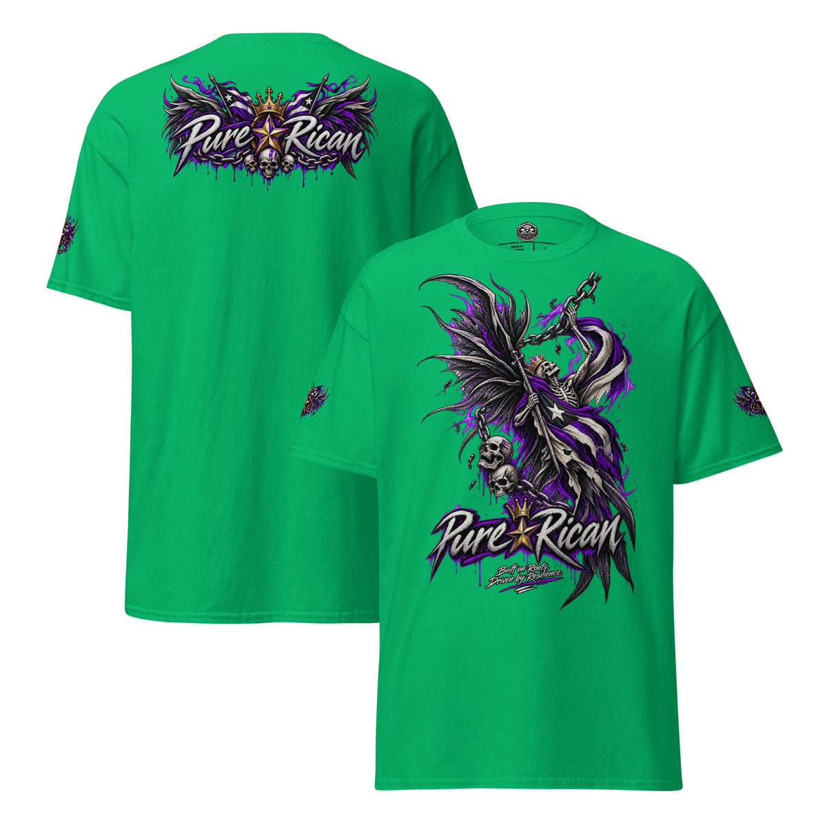 Pure⭐️Rican Winged Reaper Resilience Tee in Irish Green showing large front reaper artwork, winged crown back graphic, and sleeve details
