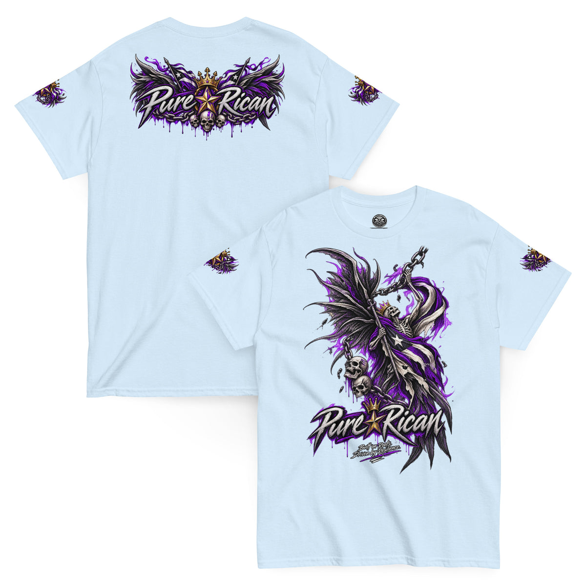 Pure⭐️Rican Winged Reaper Resilience Tee in Light Blue with front chain-wielding winged skeleton graphic and crowned Pure⭐️Rican back logo