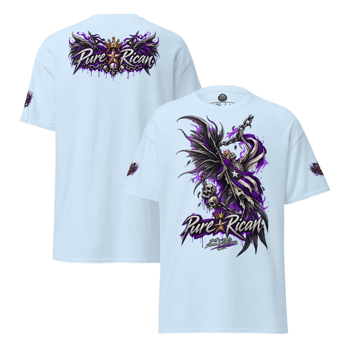 Pure⭐️Rican Winged Reaper Resilience Tee in Light Blue showing large front reaper artwork, winged crown back graphic, and sleeve details