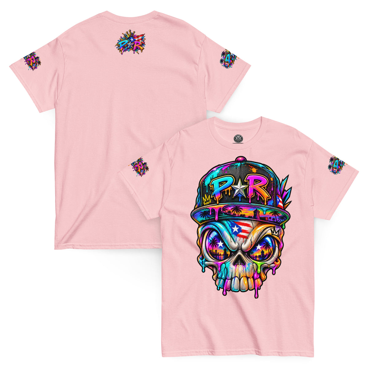 Pure⭐️Rican PR Skull Graffiti Heritage Tee front and back mockup – Light Pink