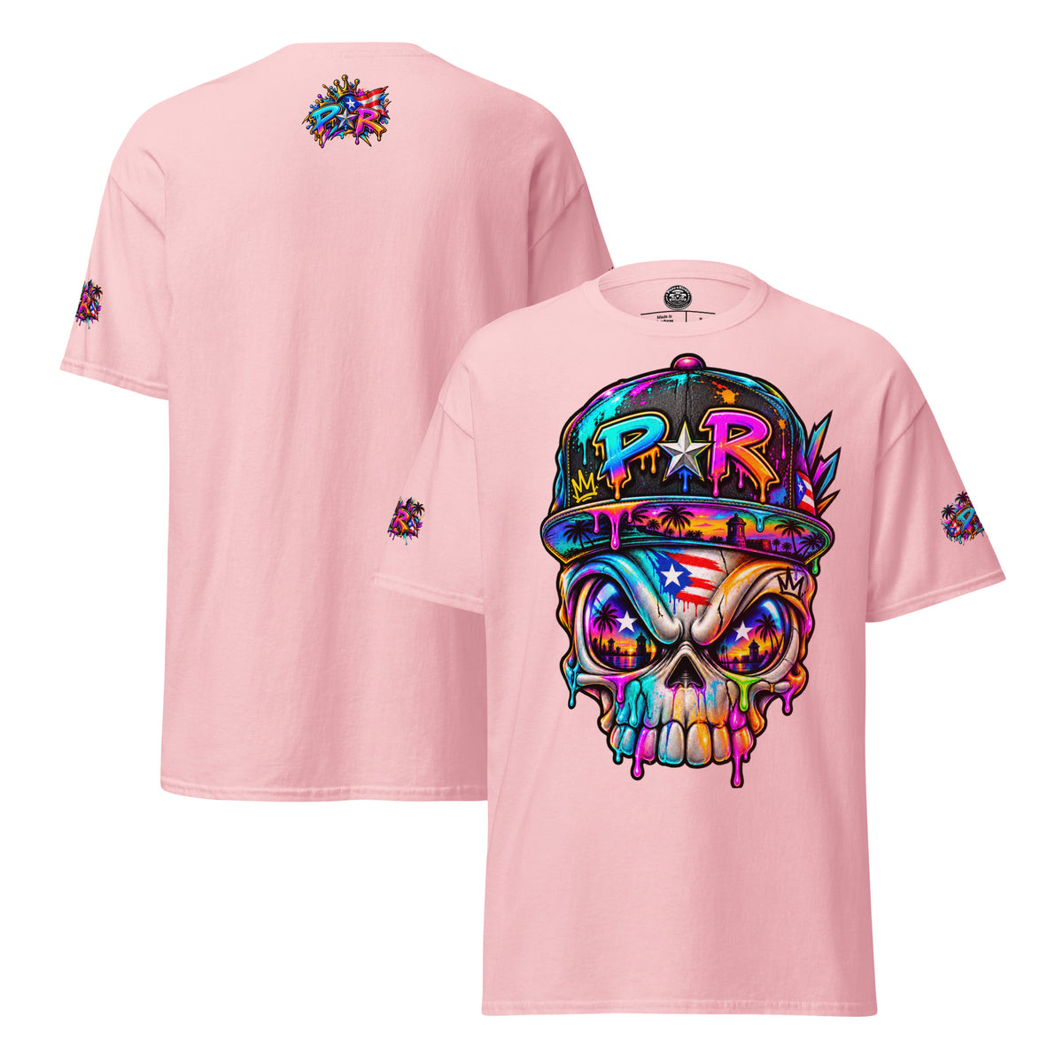 Pure⭐️Rican PR Skull Graffiti Heritage Tee alternate front and back mockup – Light Pink