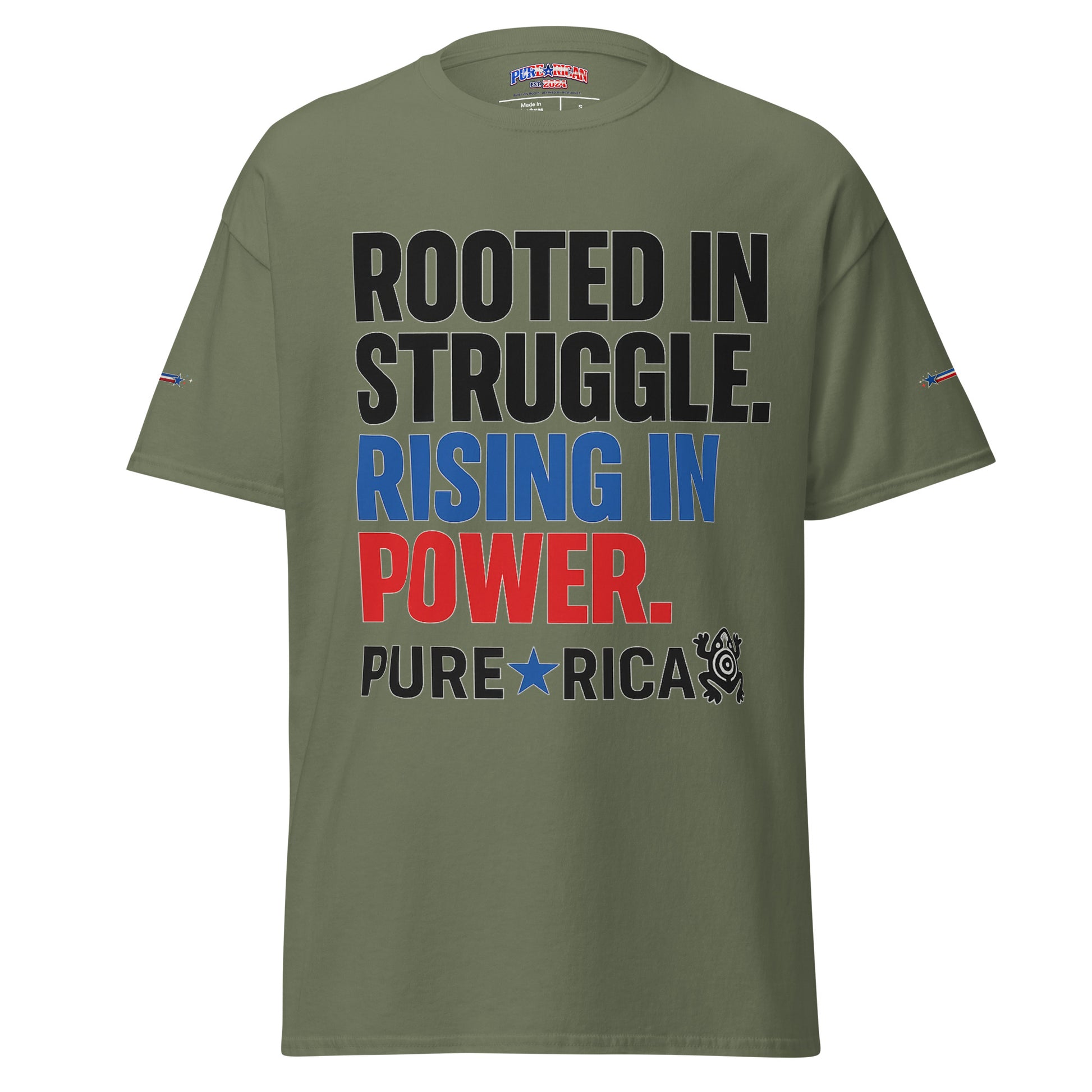Cream Pure⭐️Rican T-shirt featuring bold text reading “Rooted in Struggle. Rising in Power.” on the front