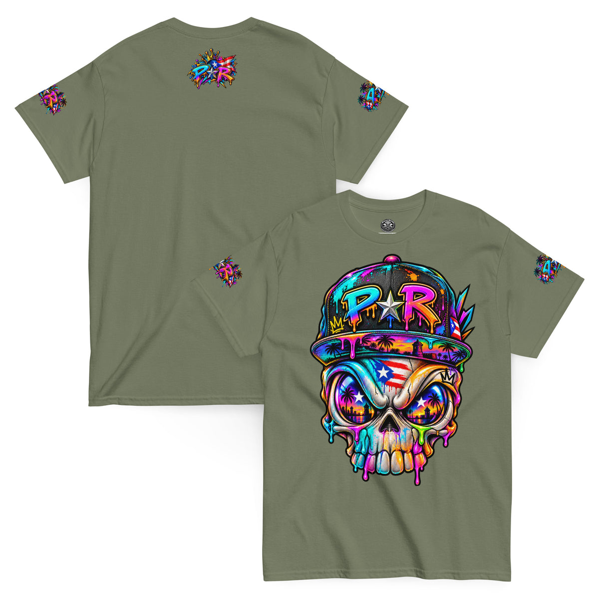 Pure⭐️Rican PR Skull Graffiti Heritage Tee front and back mockup – Military Green