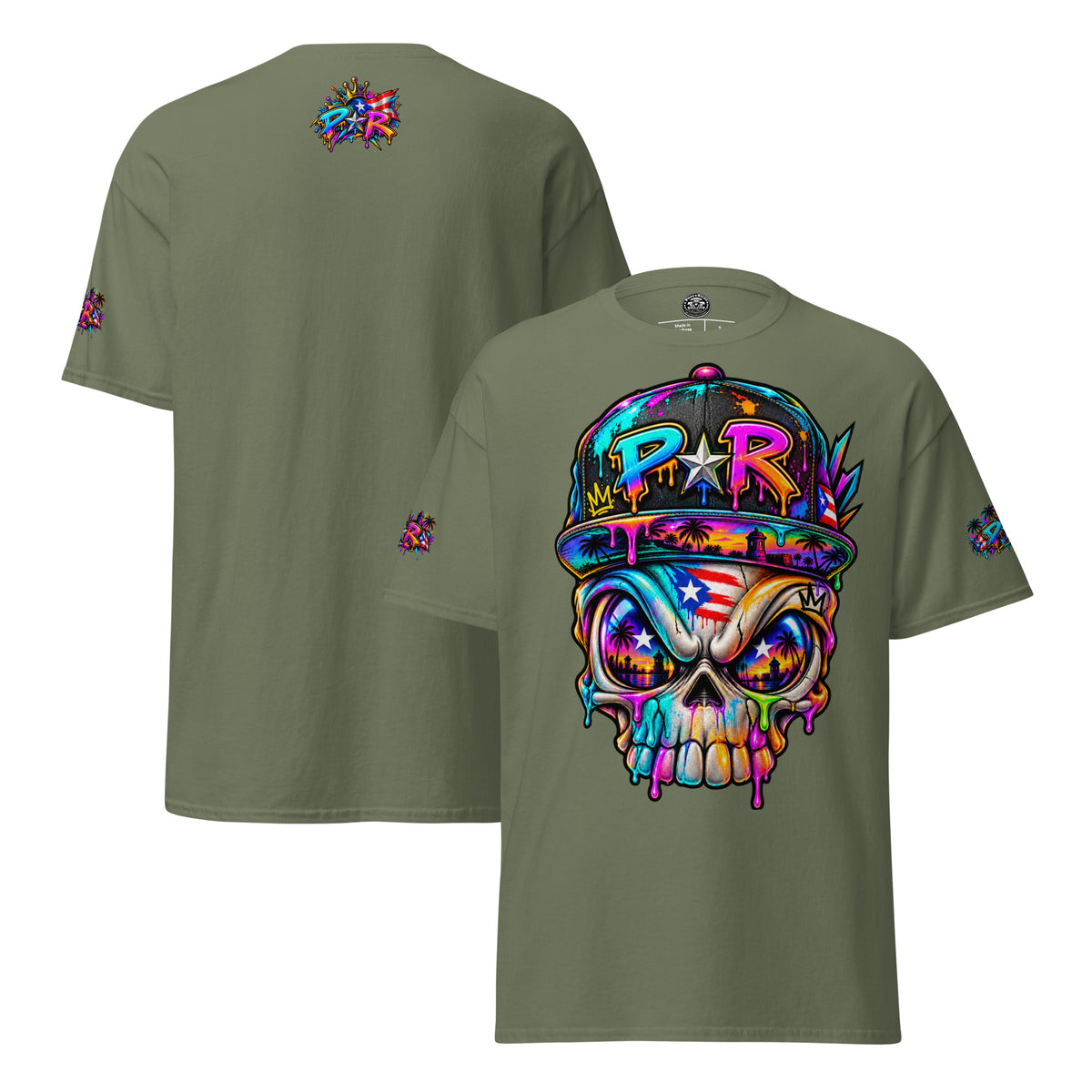 Pure⭐️Rican PR Skull Graffiti Heritage Tee alternate front and back mockup – Military Green