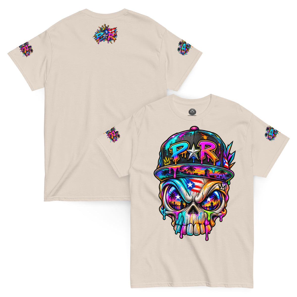 Pure⭐️Rican PR Skull Graffiti Heritage Tee front and back mockup – Natural