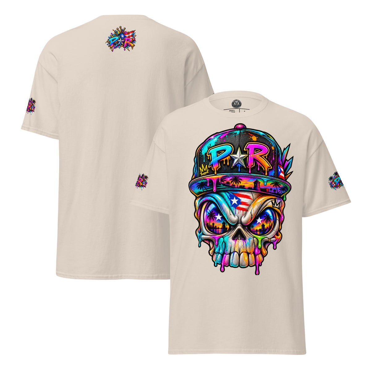 Pure⭐️Rican PR Skull Graffiti Heritage Tee alternate front and back mockup – Natural