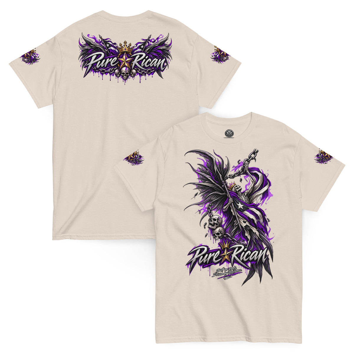 Pure⭐️Rican Winged Reaper Resilience Tee in Natural with front chain-wielding winged skeleton graphic and crowned Pure⭐️Rican back logo
