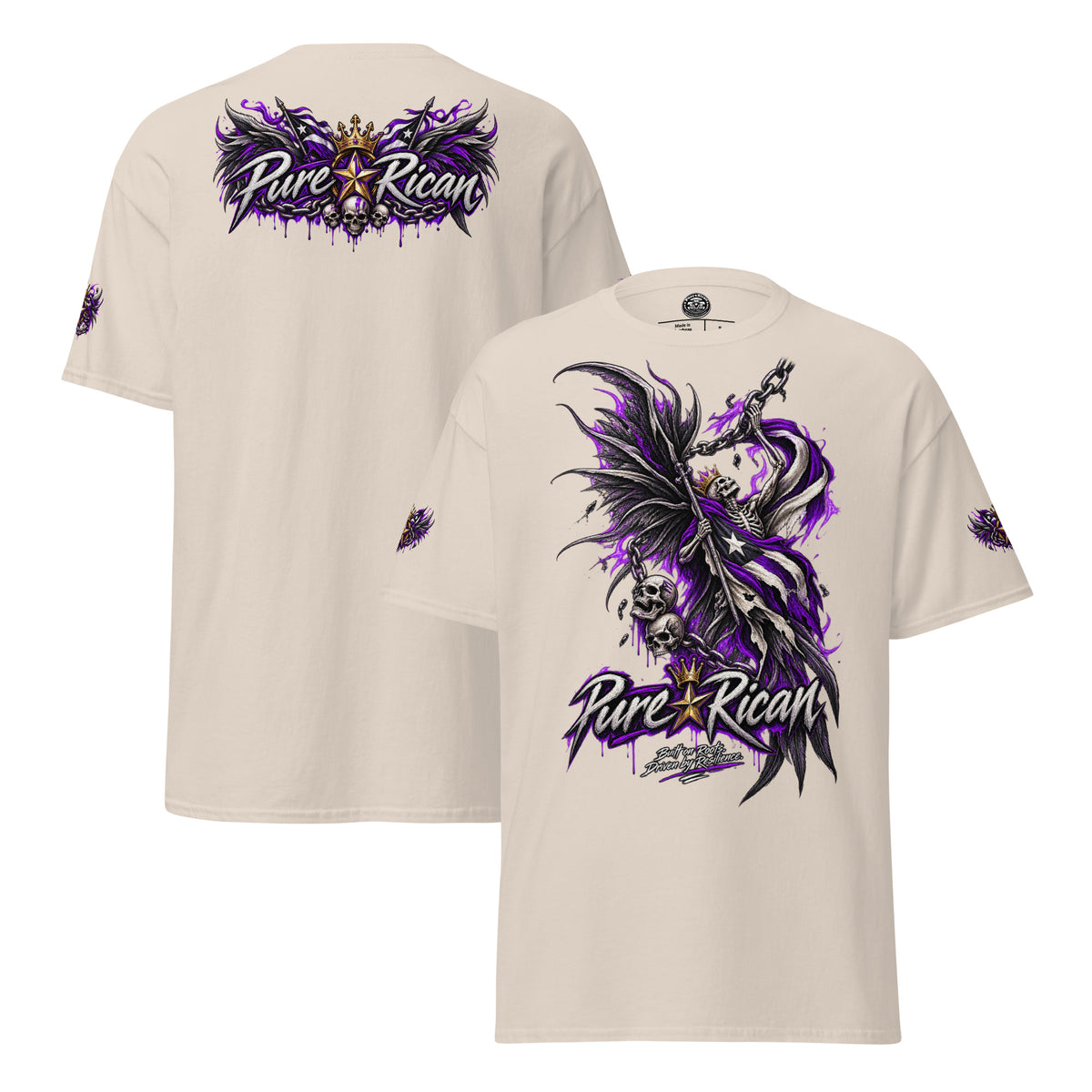 Pure⭐️Rican Winged Reaper Resilience Tee in Natural showing large front reaper artwork, winged crown back graphic, and sleeve details