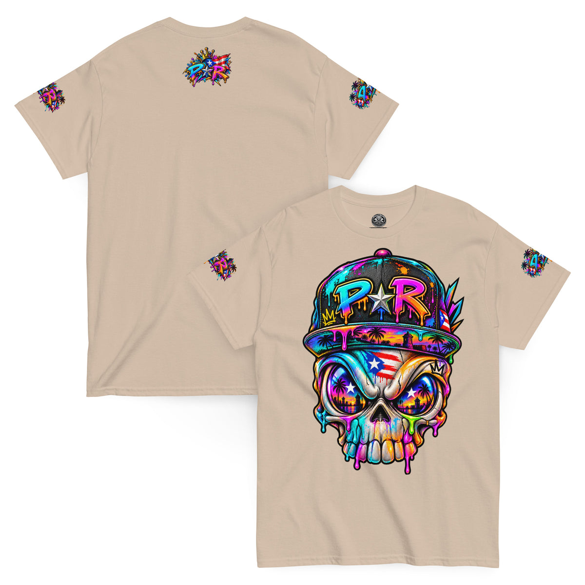 Pure⭐️Rican PR Skull Graffiti Heritage Tee front and back mockup – Sand