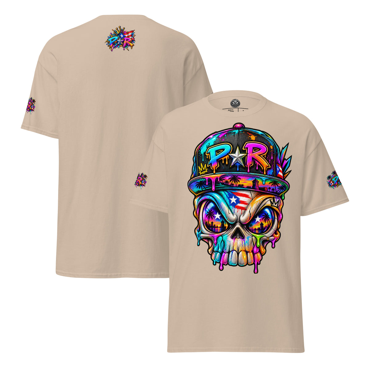 Pure⭐️Rican PR Skull Graffiti Heritage Tee alternate front and back mockup – Sand