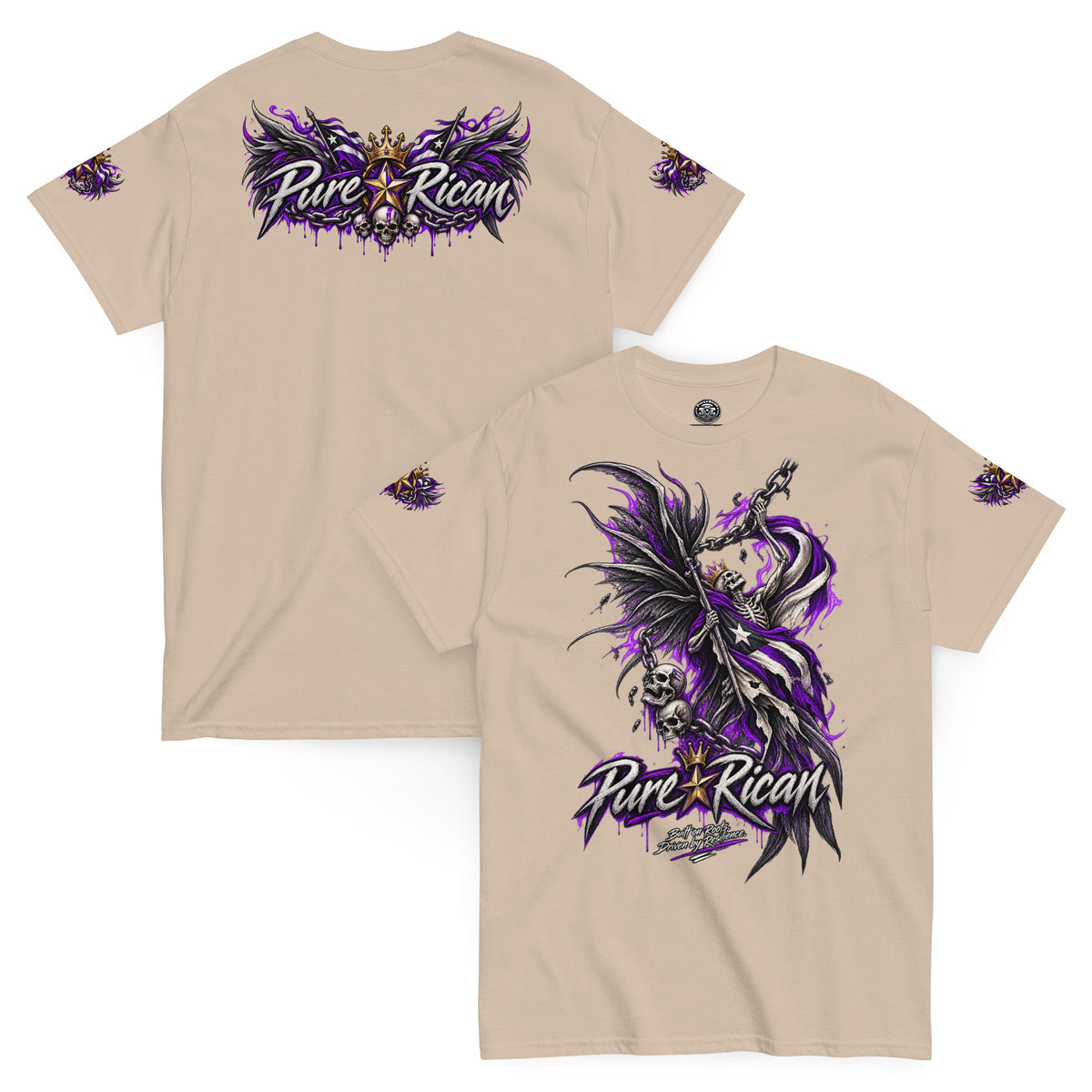 Pure⭐️Rican Winged Reaper Resilience Tee in Sand with front chain-wielding winged skeleton graphic and crowned Pure⭐️Rican back logo