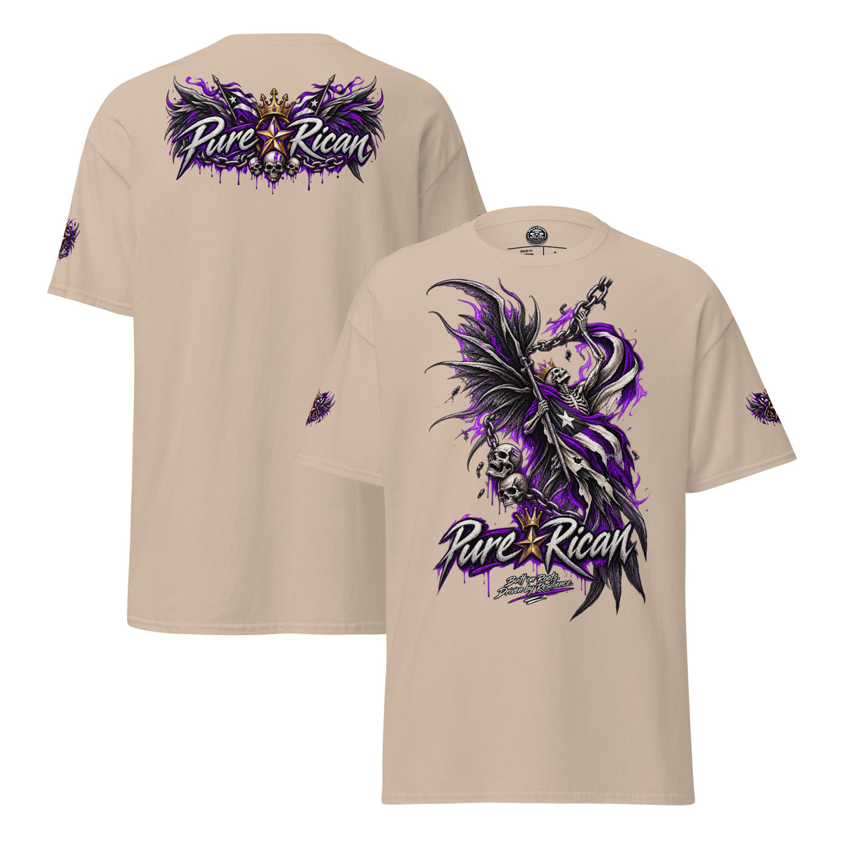 Pure⭐️Rican Winged Reaper Resilience Tee in Sand showing large front reaper artwork, winged crown back graphic, and sleeve details