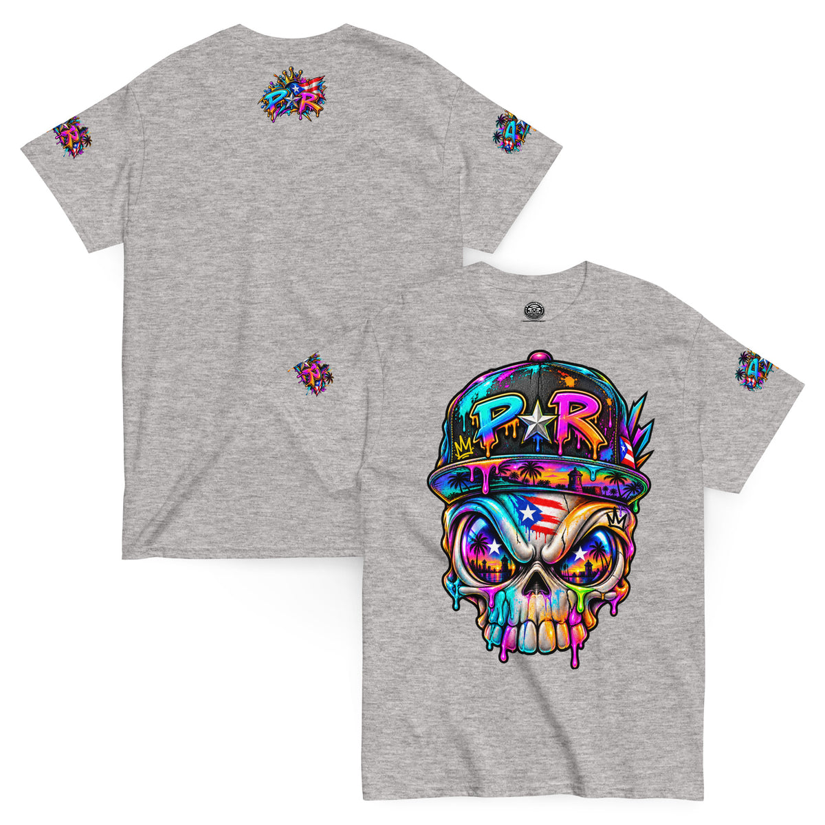 Pure⭐️Rican PR Skull Graffiti Heritage Tee front and back mockup – Sport Grey