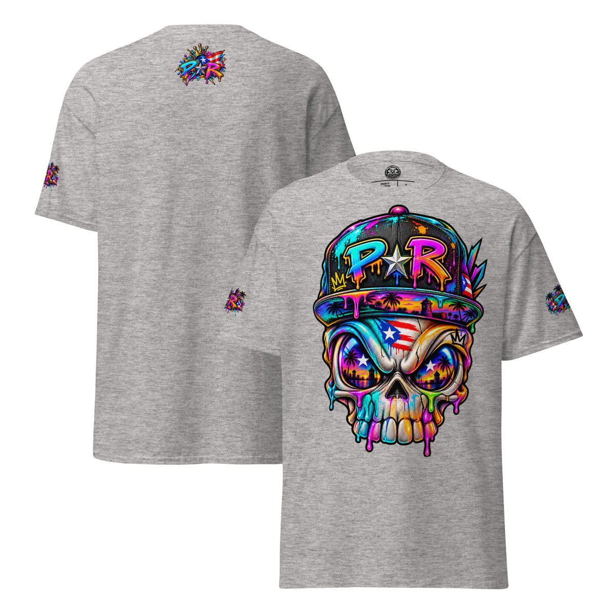 Pure⭐️Rican PR Skull Graffiti Heritage Tee alternate front and back mockup – Sport Grey