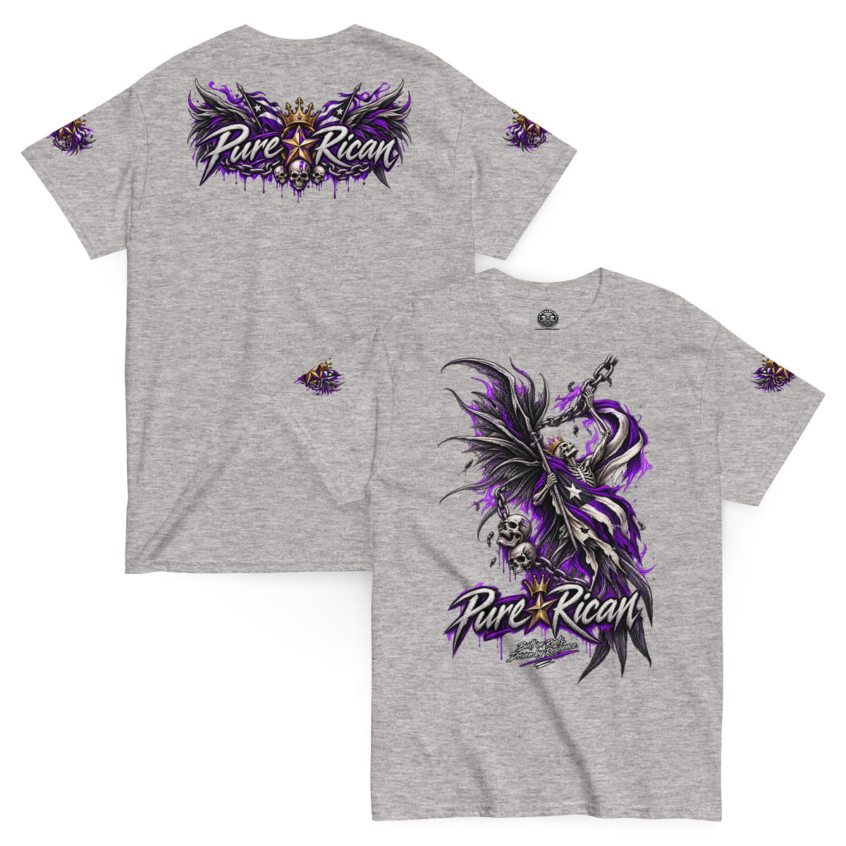 Pure⭐️Rican Winged Reaper Resilience Tee in Sport Grey with front chain-wielding winged skeleton graphic and crowned Pure⭐️Rican back logo