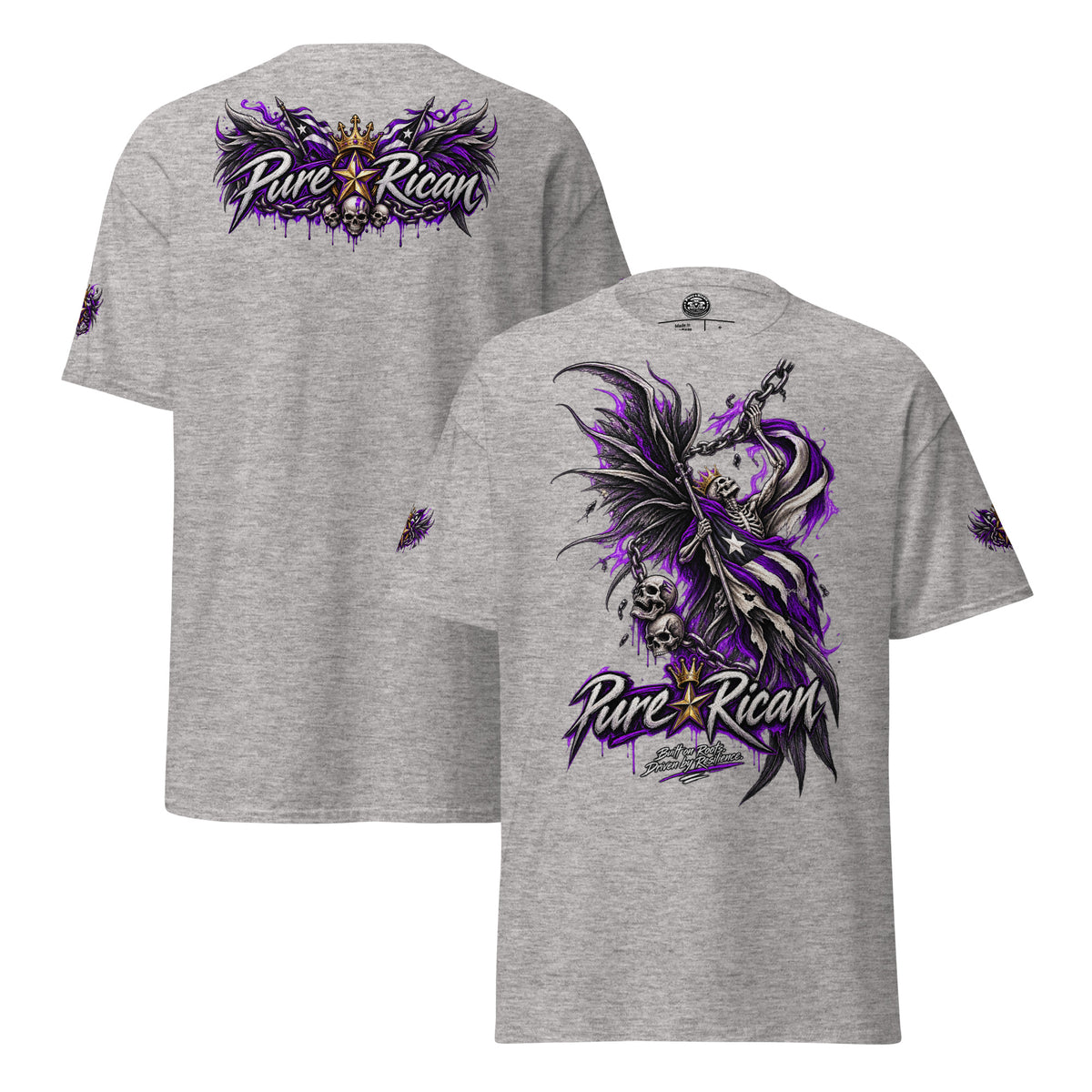 Pure⭐️Rican Winged Reaper Resilience Tee in Sport Grey showing large front reaper artwork, winged crown back graphic, and sleeve details