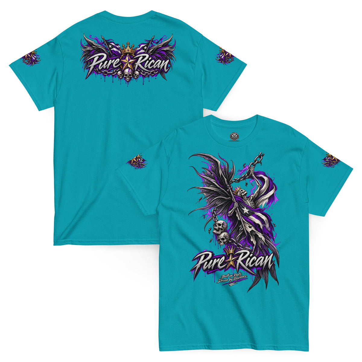 Pure⭐️Rican Winged Reaper Resilience Tee in Tropical Blue with front chain-wielding winged skeleton graphic and crowned Pure⭐️Rican back logo