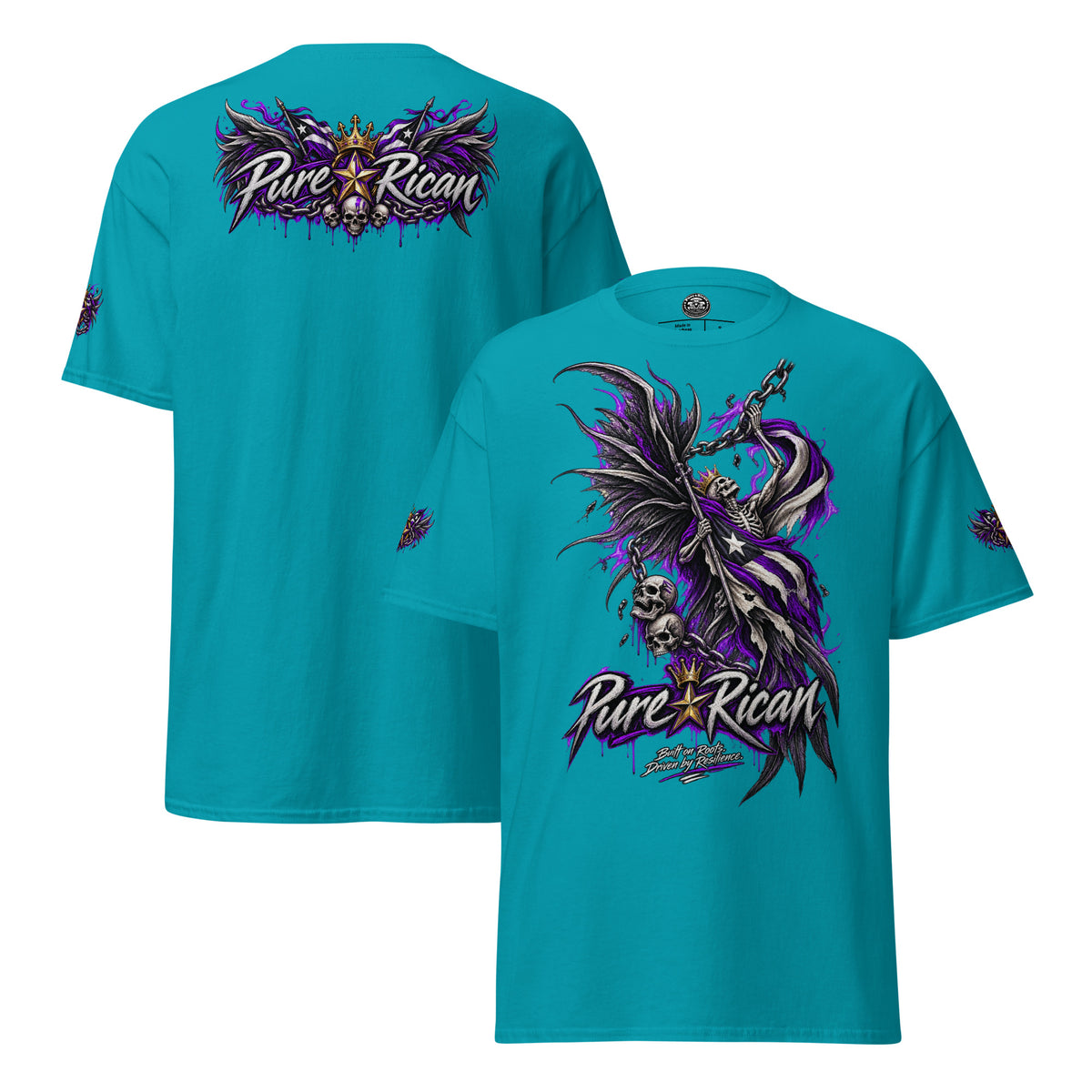 Pure⭐️Rican Winged Reaper Resilience Tee in Tropical Blue showing large front reaper artwork, winged crown back graphic, and sleeve details