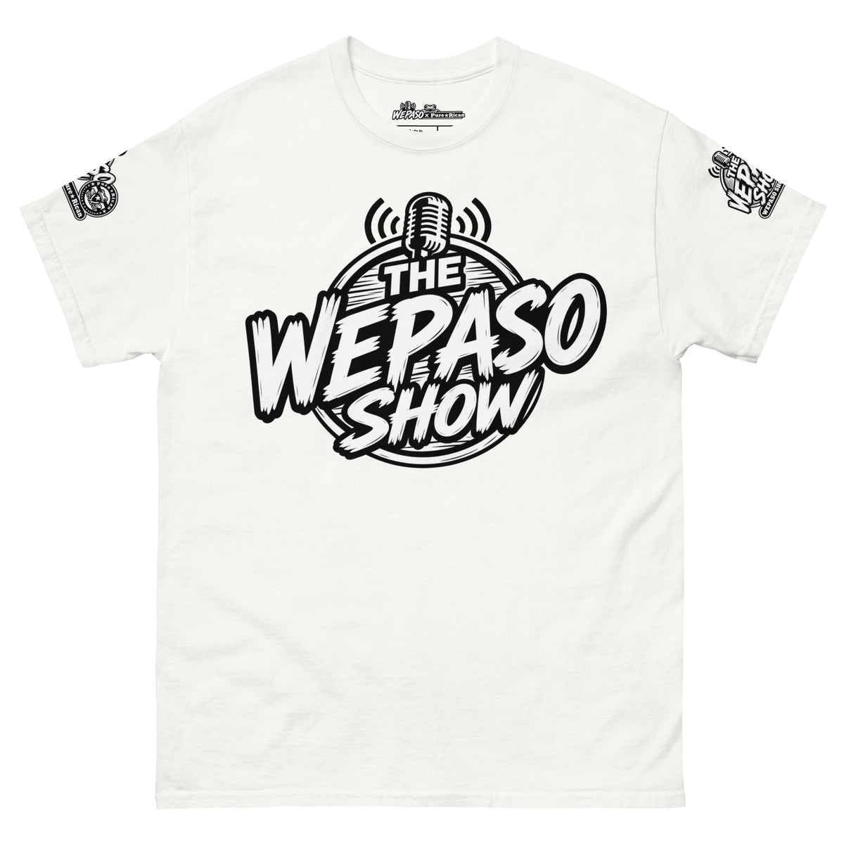 Pure⭐️Rican x The WePaso Show Collaboration Tee in White, front view with The WePaso Show microphone graphic