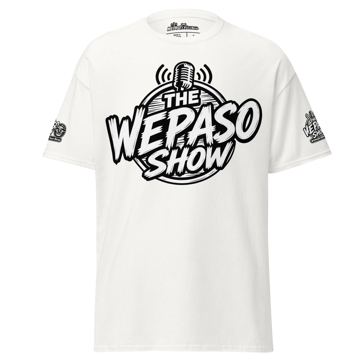 Pure⭐️Rican x The WePaso Show Collaboration Tee in White, front view with microphone graphic and sleeve branding