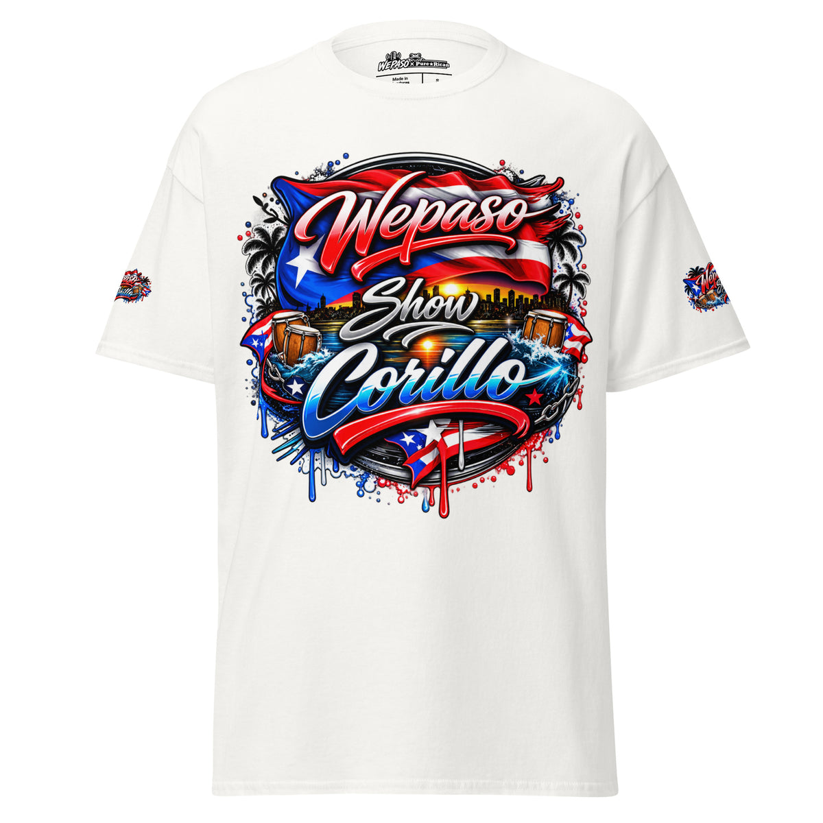 Pure⭐️Rican x WePaso Show Corillo Graphic Tee in White, front view with Puerto Rican flag artwork