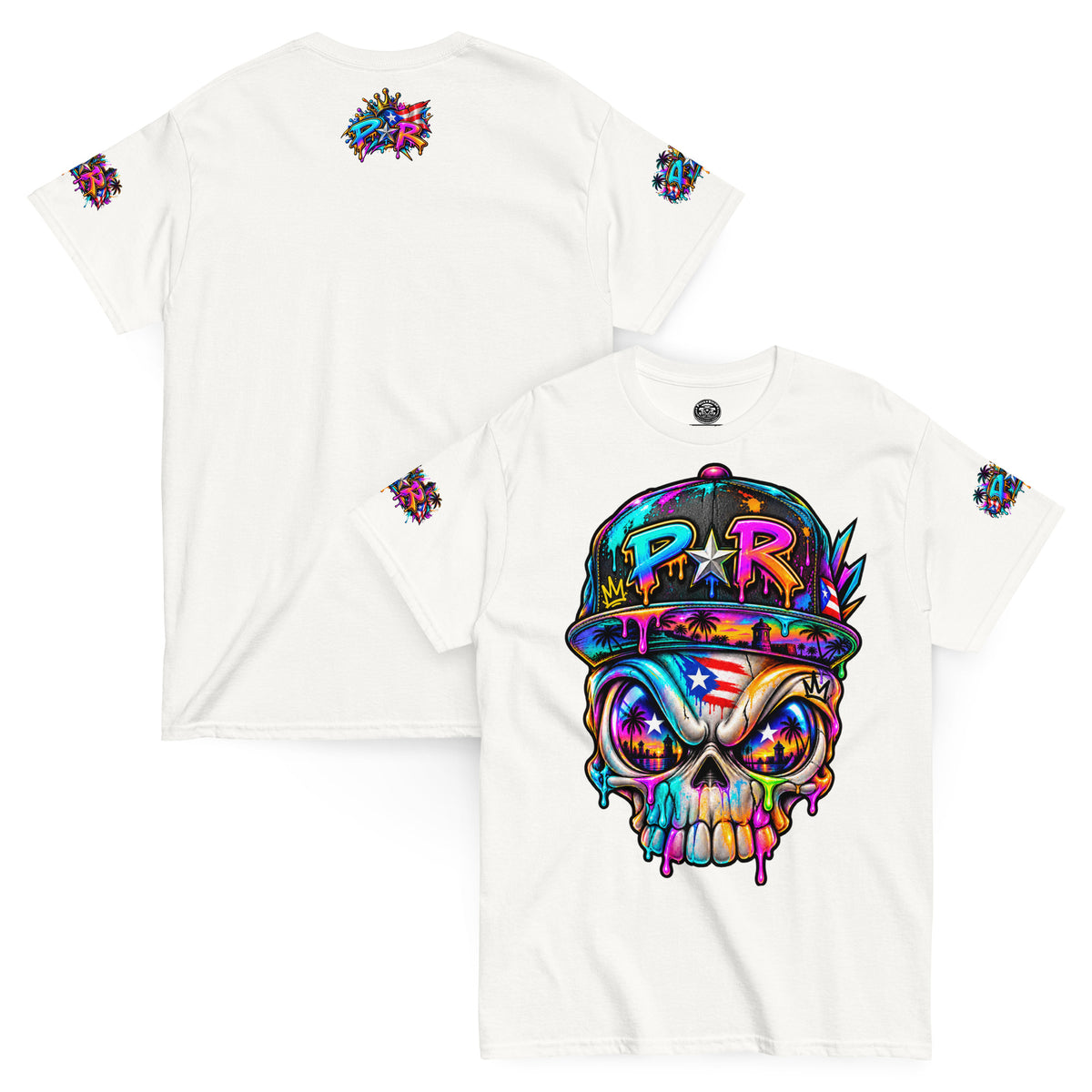 Pure⭐️Rican PR Skull Graffiti Heritage Tee front and back mockup – White