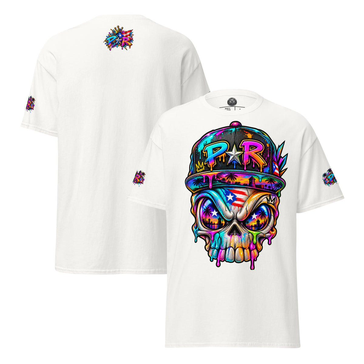 Pure⭐️Rican PR Skull Graffiti Heritage Tee alternate front and back mockup – White