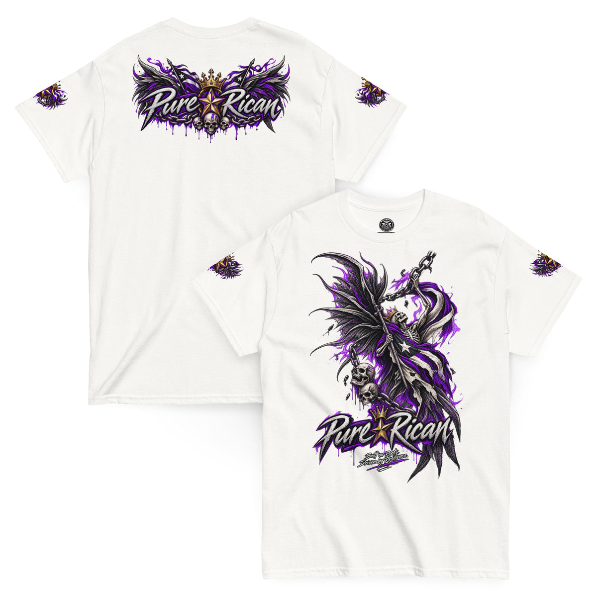 Pure⭐️Rican Winged Reaper Resilience Tee in White with front chain-wielding winged skeleton graphic and crowned Pure⭐️Rican back logo