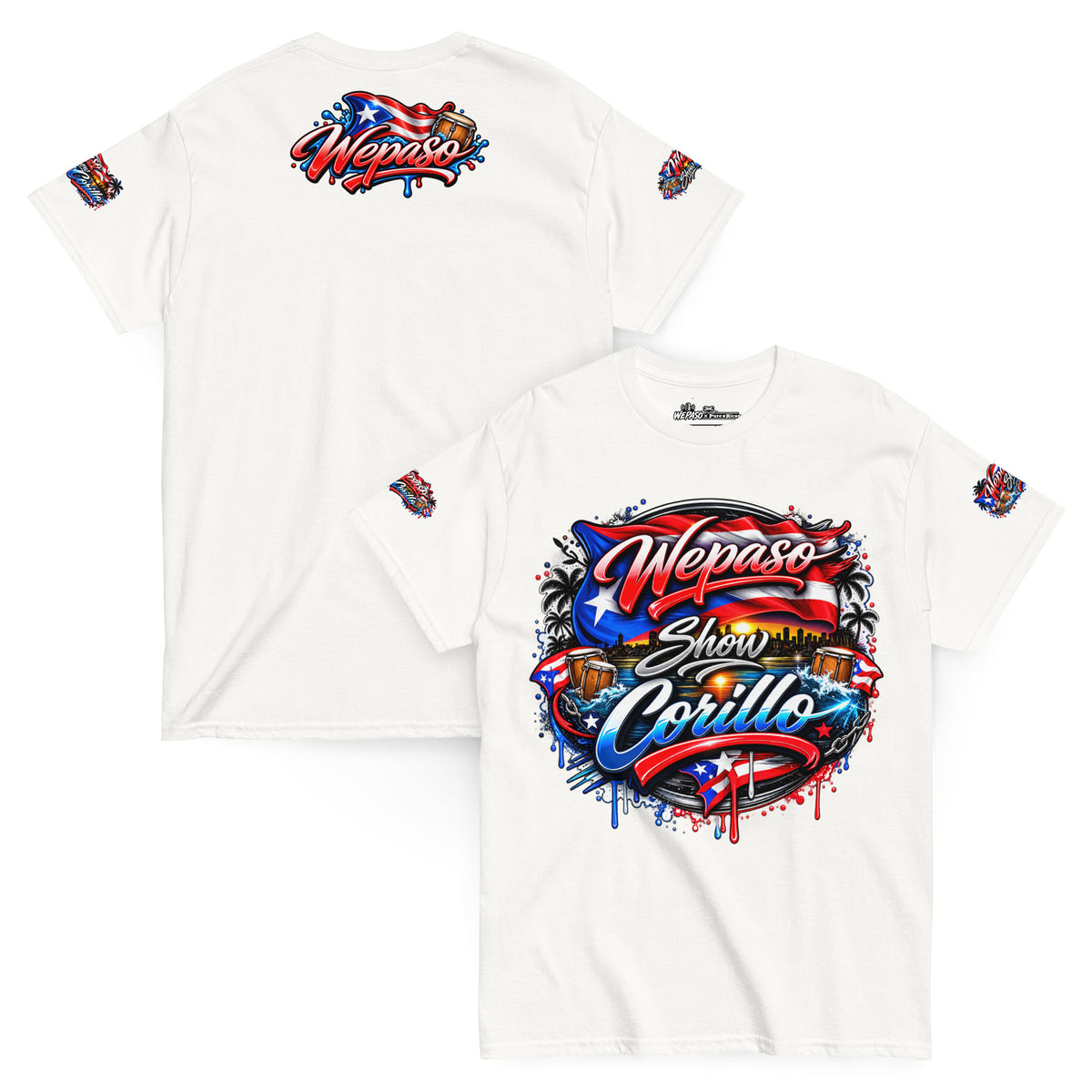 Pure⭐️Rican x WePaso Show Corillo Graphic Tee in White, front and back views with Puerto Rican artwork