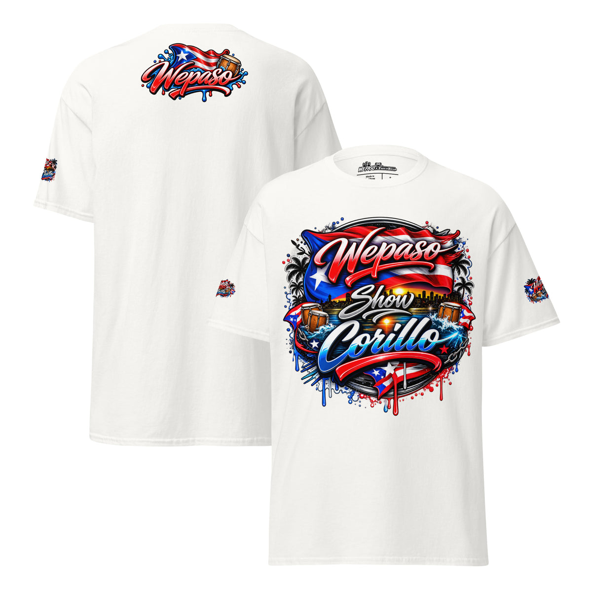 Pure⭐️Rican x WePaso Show Corillo Graphic Tee in White, front and back product views