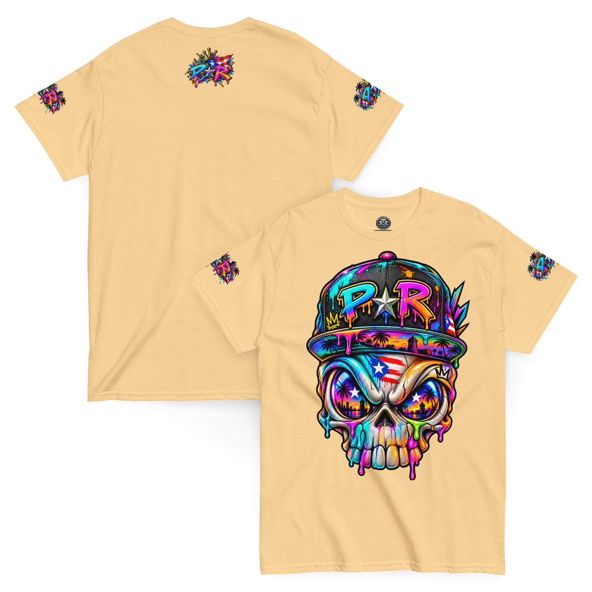 Pure⭐️Rican PR Skull Graffiti Heritage Tee front and back mockup – Yellow Haze