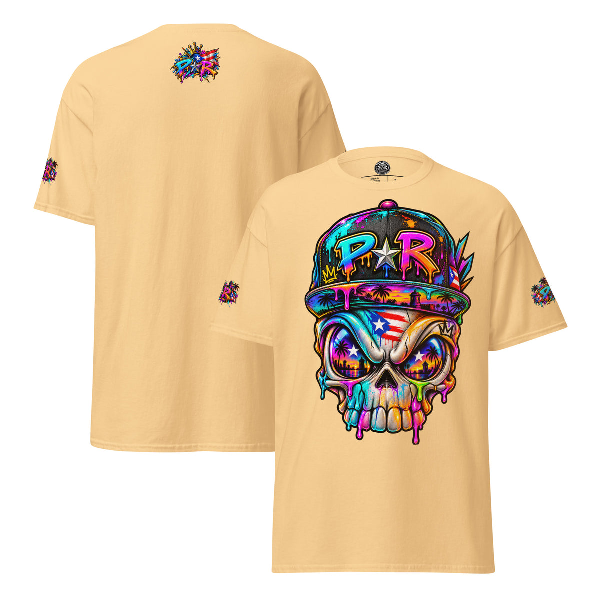 Pure⭐️Rican PR Skull Graffiti Heritage Tee alternate front and back mockup – Yellow Haze