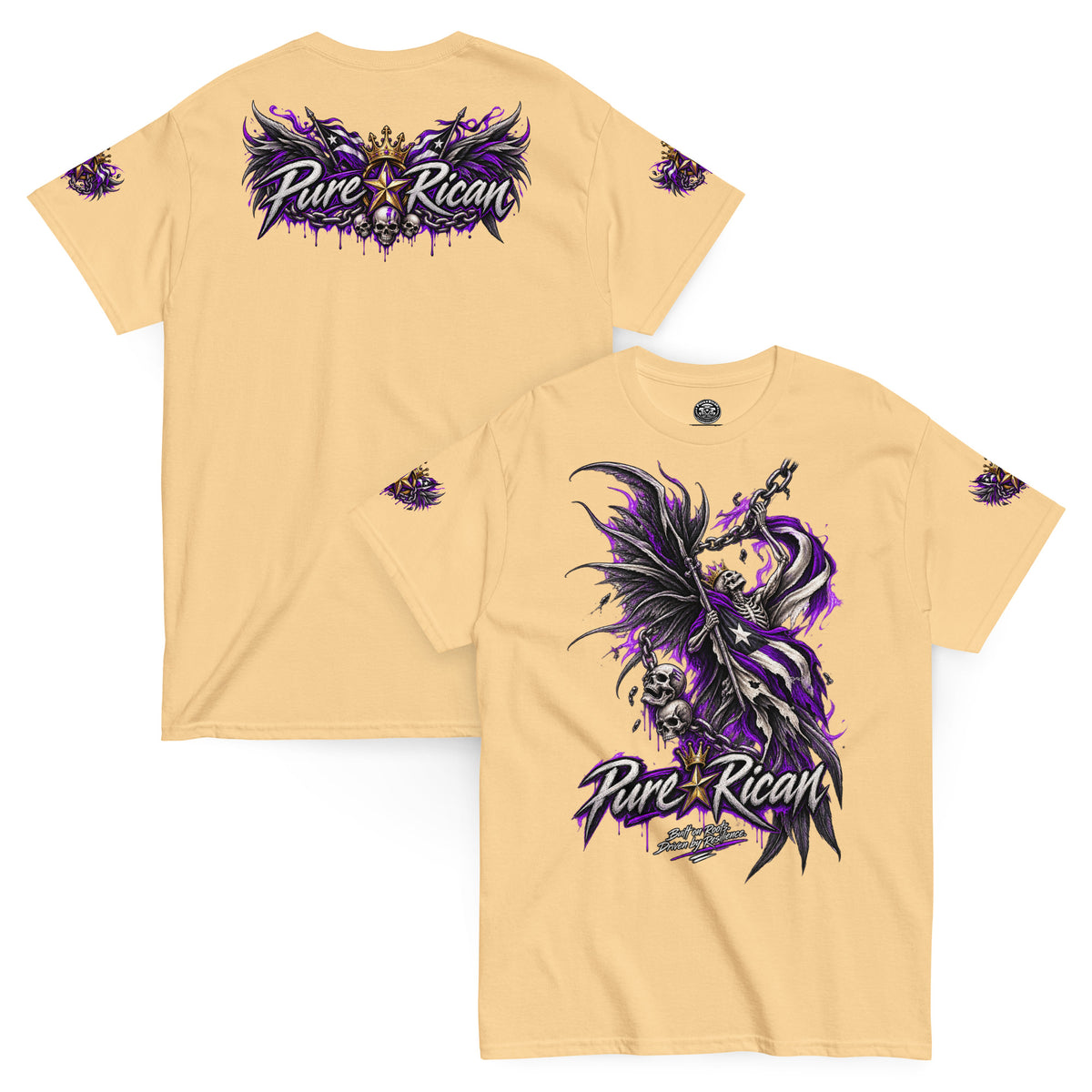 Pure⭐️Rican Winged Reaper Resilience Tee in Yellow Haze with front chain-wielding winged skeleton graphic and crowned Pure⭐️Rican back logo